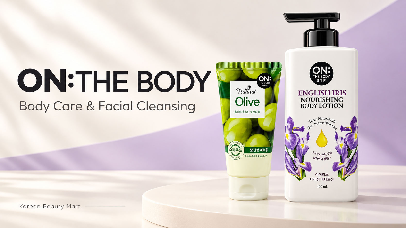 ON BODY English Iris 400 ml body lotion and Olive 120 g cleansing foam on an ivory and lavender background for Korean Beauty Mart.