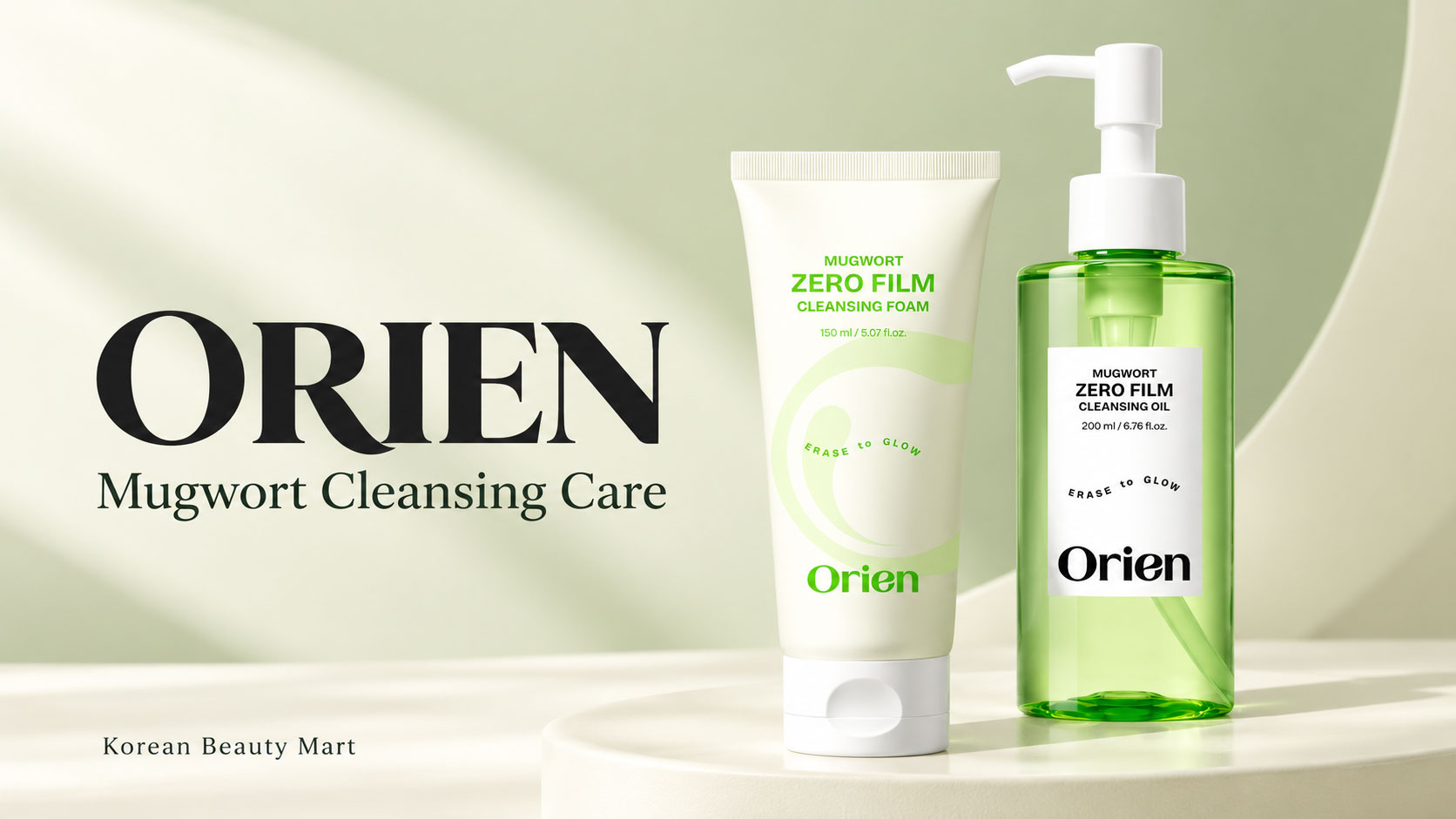 ORIEN Mugwort Zero Film Cleansing Oil 200 ml and Cleansing Foam 150 ml on an ivory platform against a pale sage background for Korean Beauty Mart.