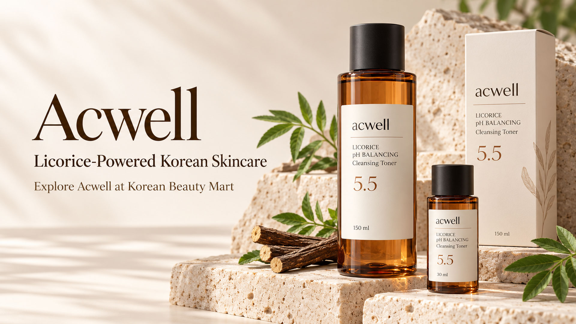 Acwell Licorice pH Balancing Cleansing Toner in 150 ml and 30 ml bottles with licorice roots on ivory stone stands.