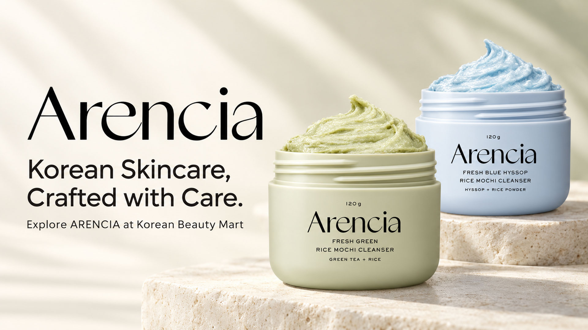ARENCIA Fresh Green and Fresh Blue Hyssop Rice Mochi Cleanser illustrations on an ivory display beside the words Korean Skincare, Crafted with Care.