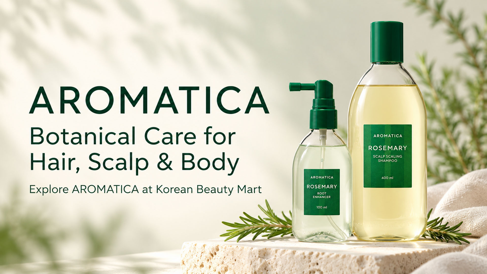 AROMATICA Rosemary Scalp Scaling Shampoo and Root Enhancer illustrations beside a rosemary sprig and the words Botanical Care for Hair, Scalp & Body.