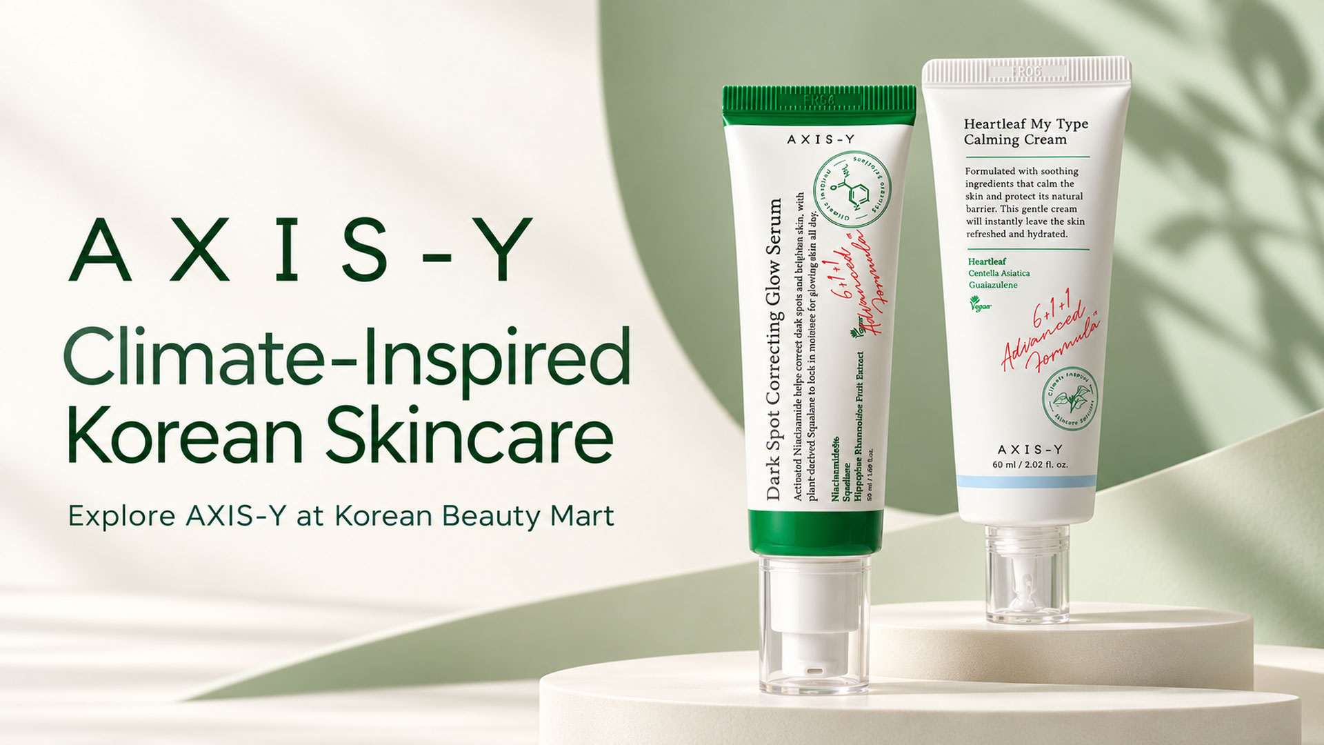 AXIS-Y Dark Spot Correcting Glow Serum and Heartleaf My Type Calming Cream illustrations on an ivory and sage-green skincare display.