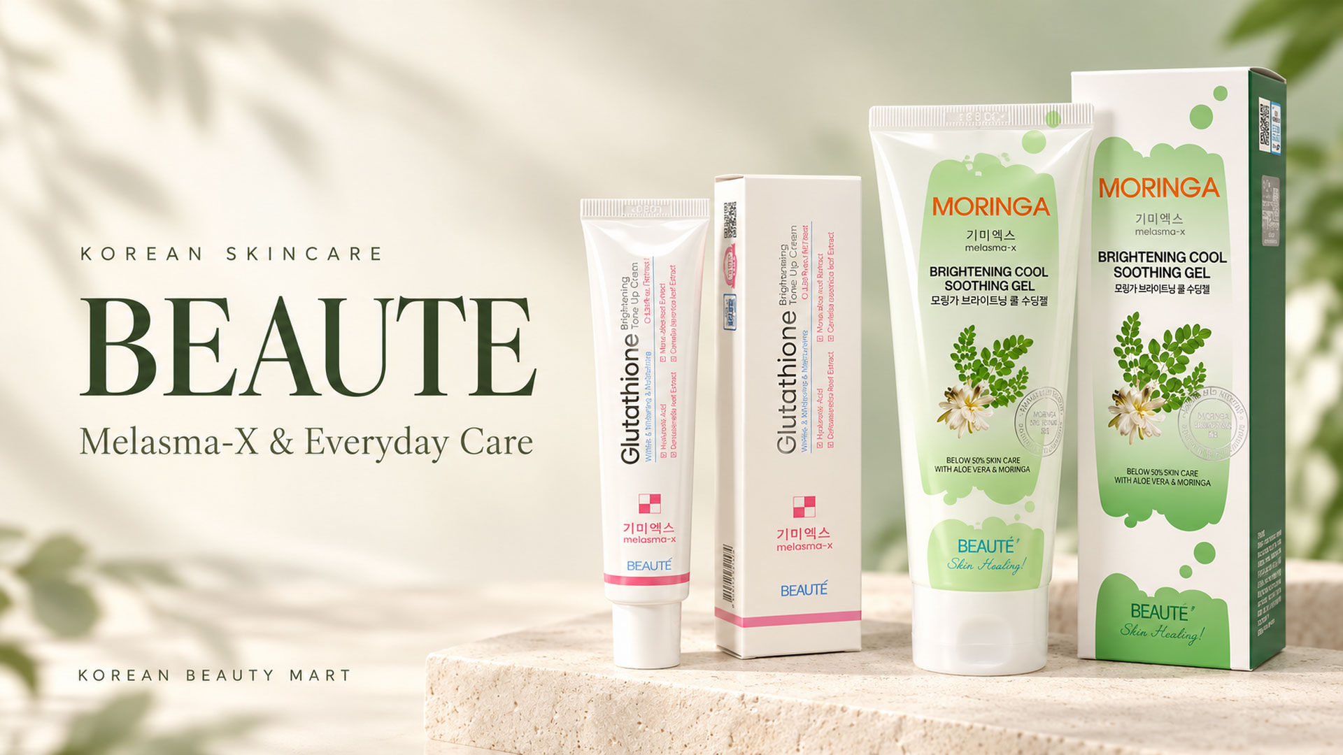 Beaute Melasma-X Glutathione cream and Moringa soothing gel with matching cartons on an ivory skincare display