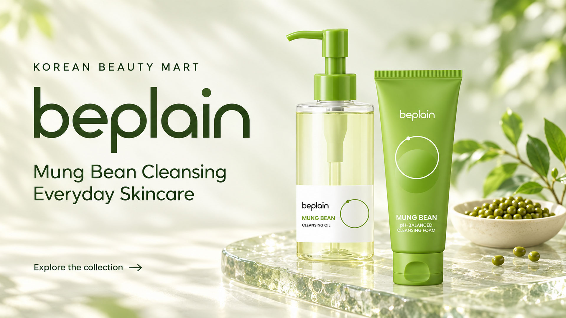 BEPLAIN Mung Bean cleansing oil and cleansing foam on a pale sage background for Korean Beauty Mart.