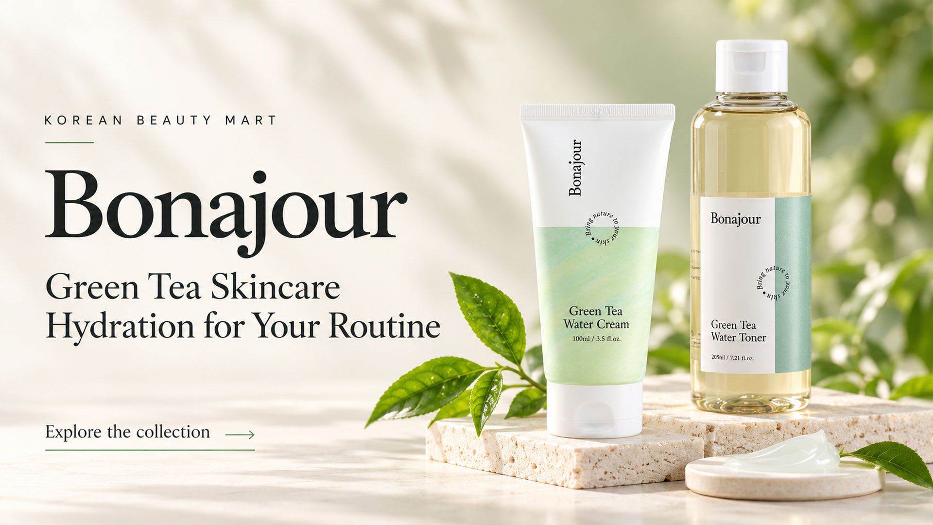 Bonajour Green Tea Water Cream and Green Tea Water Toner on an ivory-and-sage background for Korean Beauty Mart.