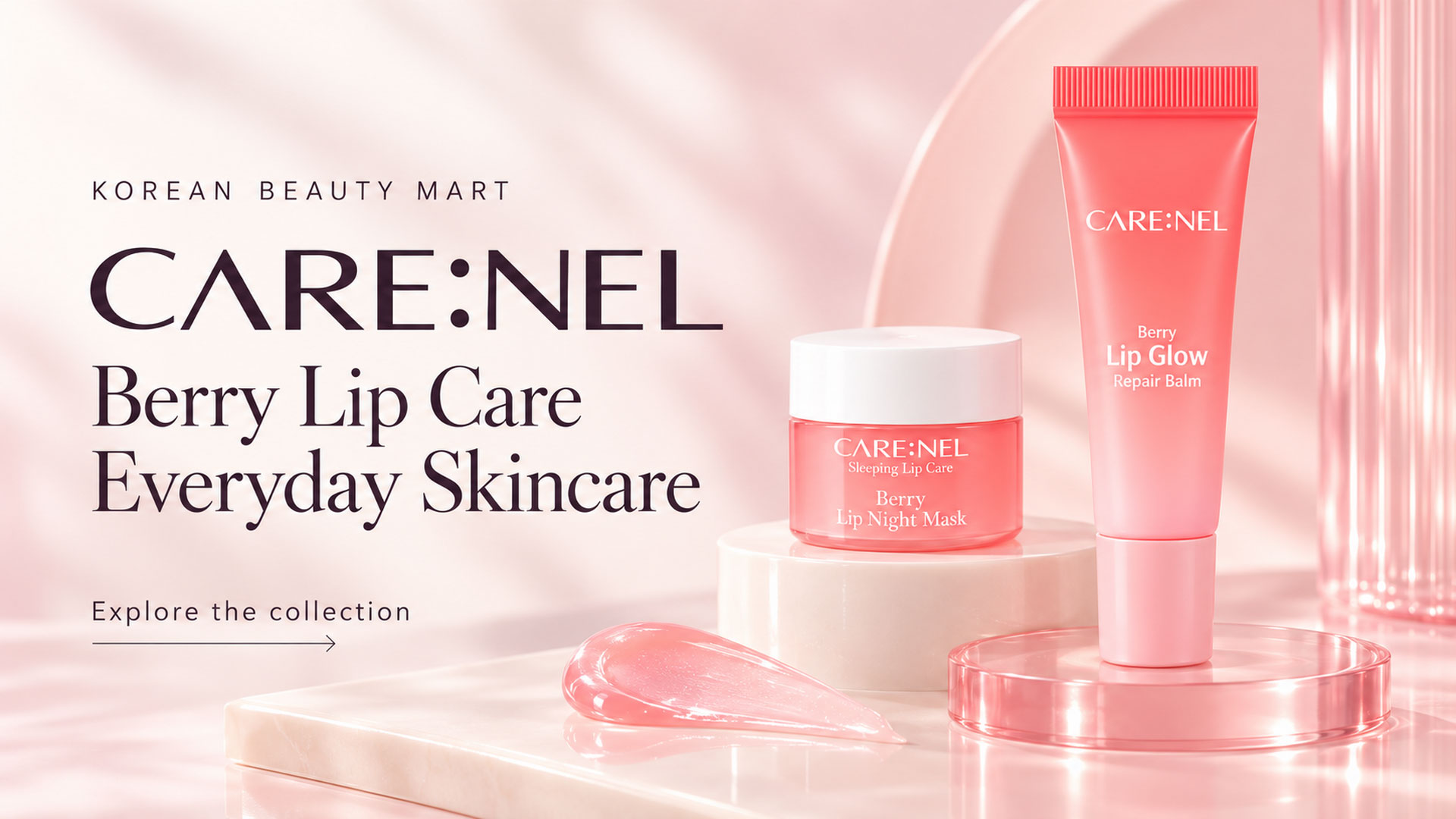 Care Berry Lip Night Mask jar and Berry Lip Glow Repair Balm tube on a soft pink background for Korean Beauty Mart.
