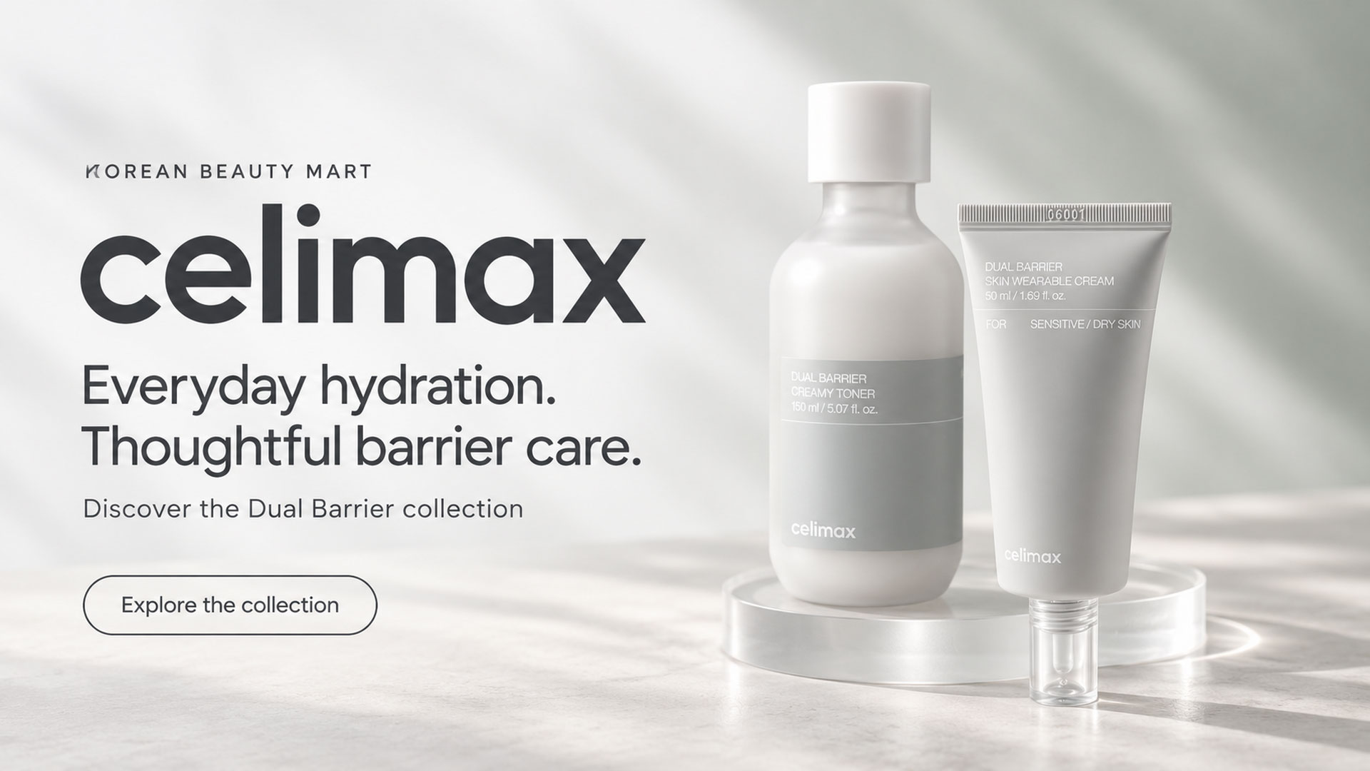 Celimax Dual Barrier Creamy Toner and Skin Wearable Cream illustrated in a Korean Beauty Mart banner.