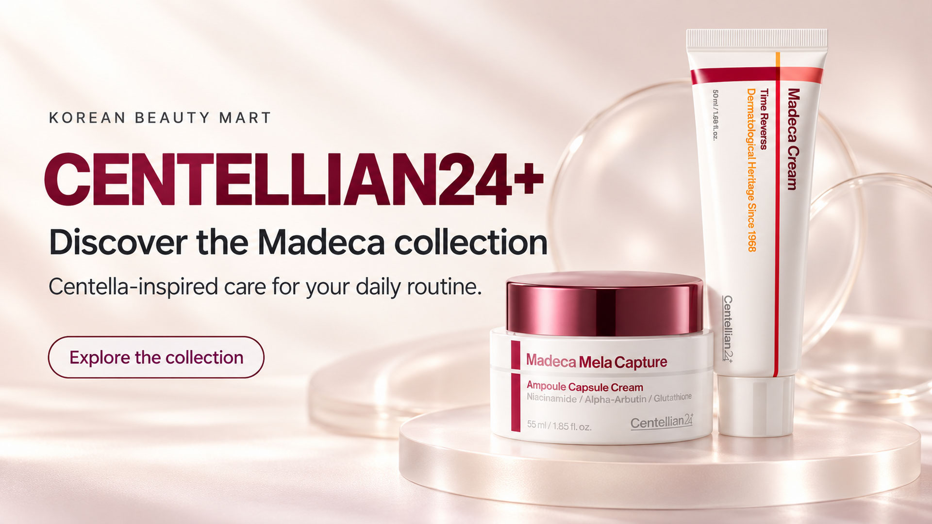 CENTELLIAN24+ Madeca Cream Time Reverse and Mela Capture Capsule Cream illustrated in a Korean Beauty Mart banner.
