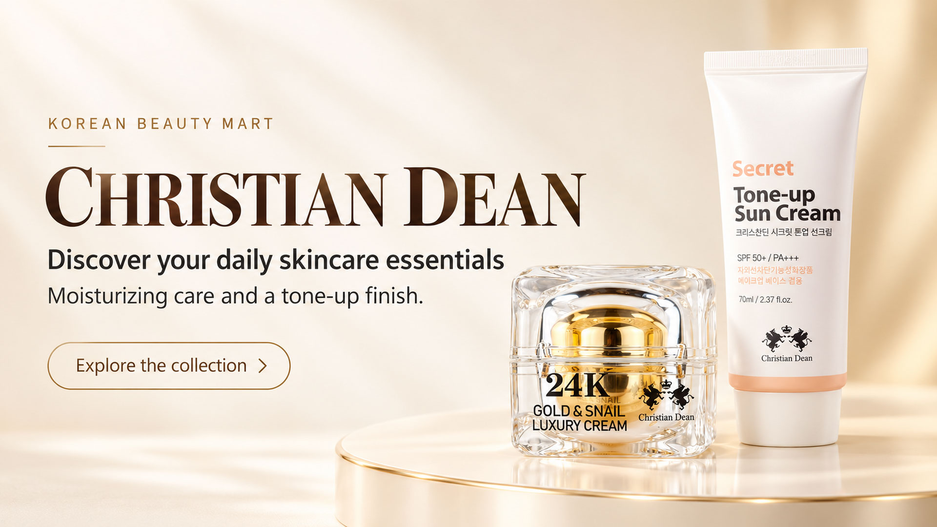 Christian Dean Gold & Snail Luxury Cream and Secret Tone Up Sun Cream illustrated in a Korean Beauty Mart banner.