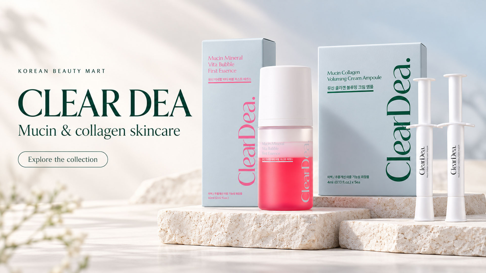 CLEAR DEA Bubble First Essence and Collagen Voluming Cream Ampoule packaging beside Korean Beauty Mart brand-page text.