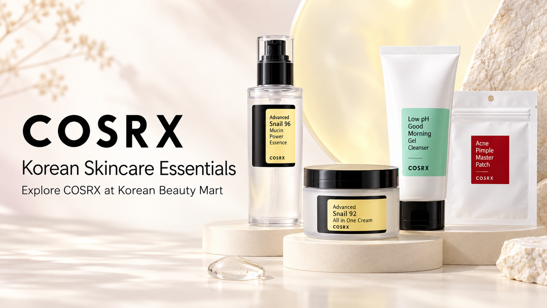  COSRX essence, moisturizer, cleanser and pimple patch displayed on ivory platforms.