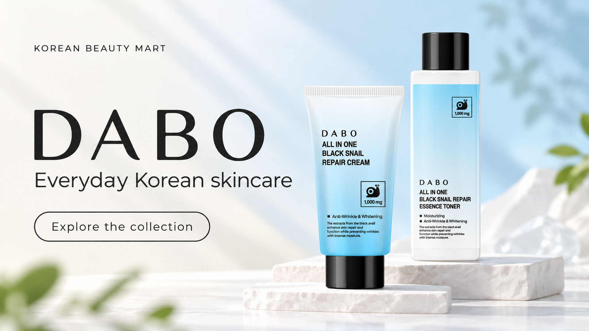 DABO Black Snail Repair Cream tube and Essence Toner bottle beside Korean Beauty Mart brand-page text.