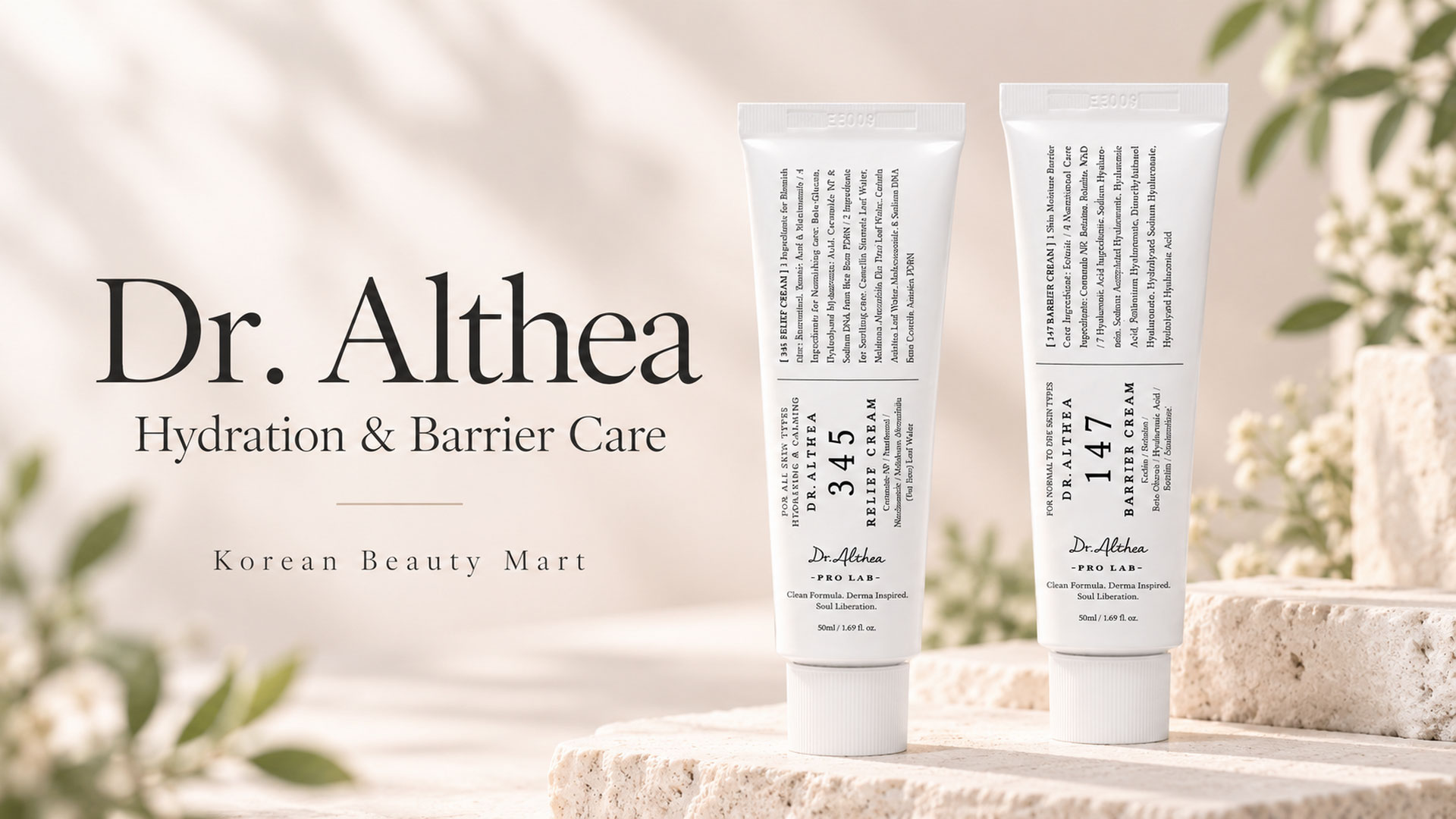 Dr. Althea 345 Relief Cream and 147 Barrier Cream on pale studio plinths beside hydration and barrier care text for Korean Beauty Mart.