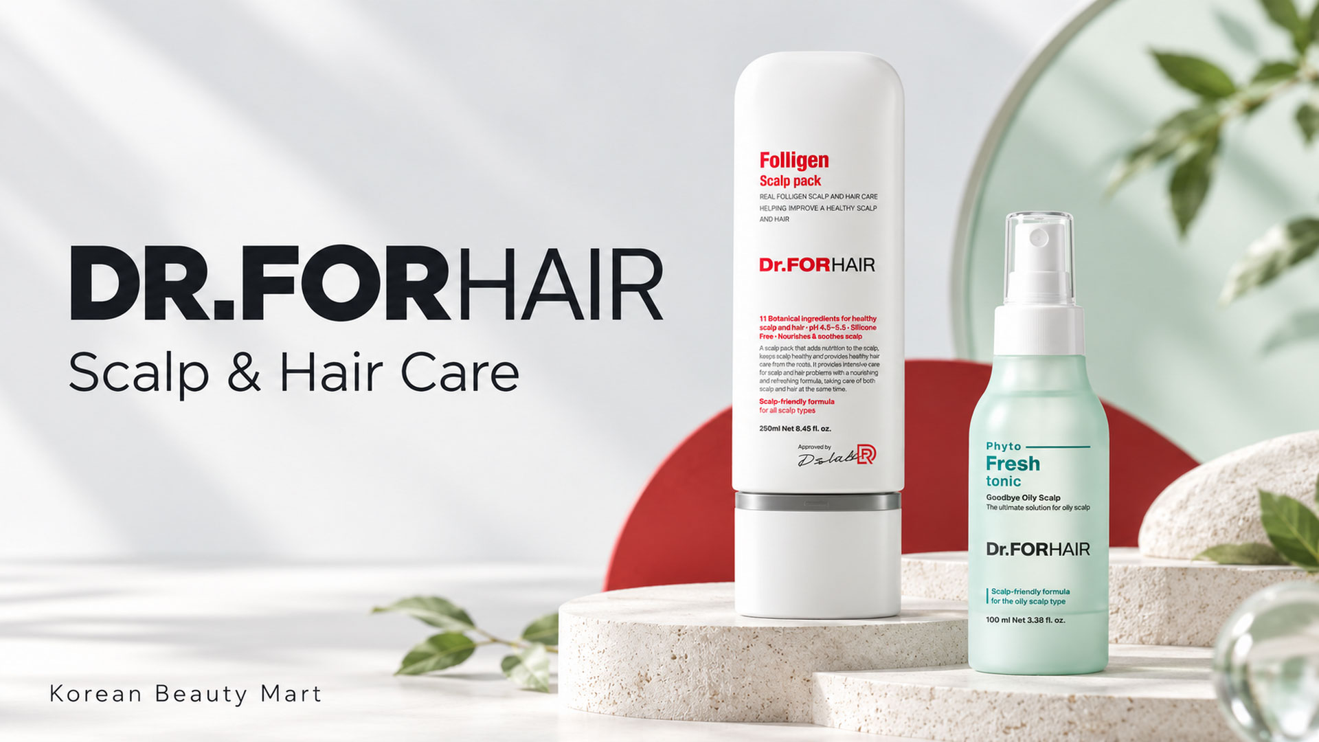 DR.FORHAIR Folligen Scalp Pack and Phyto Fresh Tonic on pale studio platforms beside scalp and hair care text for Korean Beauty Mart.