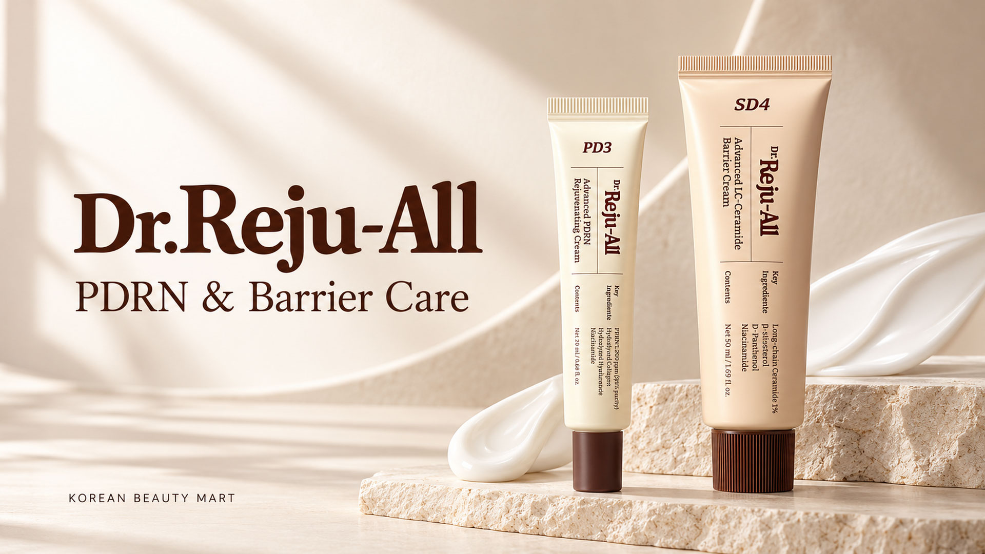 Dr.Reju-All PDRN Rejuvenating Cream and LC-Ceramide Barrier Cream on an ivory background.