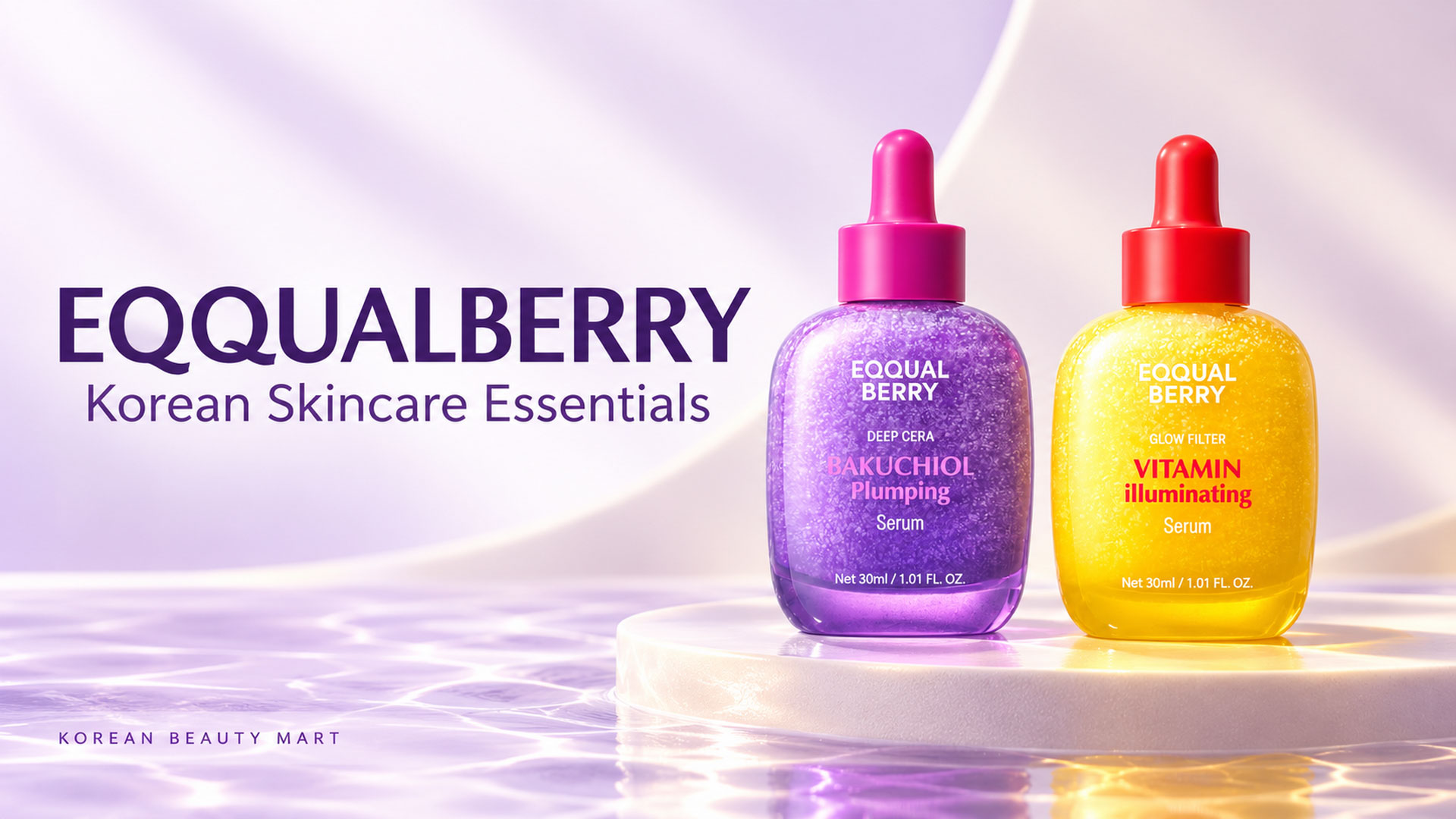 EQQUALBERRY Bakuchiol Plumping Serum and Vitamin Illuminating Serum on an ivory and lavender background.
