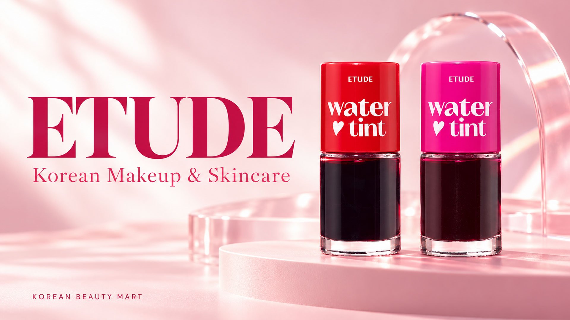 ETUDE Dear Darling Water Tint bottles in Strawberry Ade and Cherry Ade on a blush-pink background.