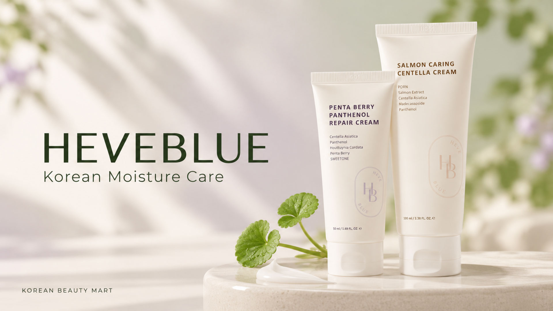  HEVEBLUE Salmon Caring Centella Cream and Penta Berry Panthenol Repair Cream tubes on an ivory and pale sage skincare backdrop.