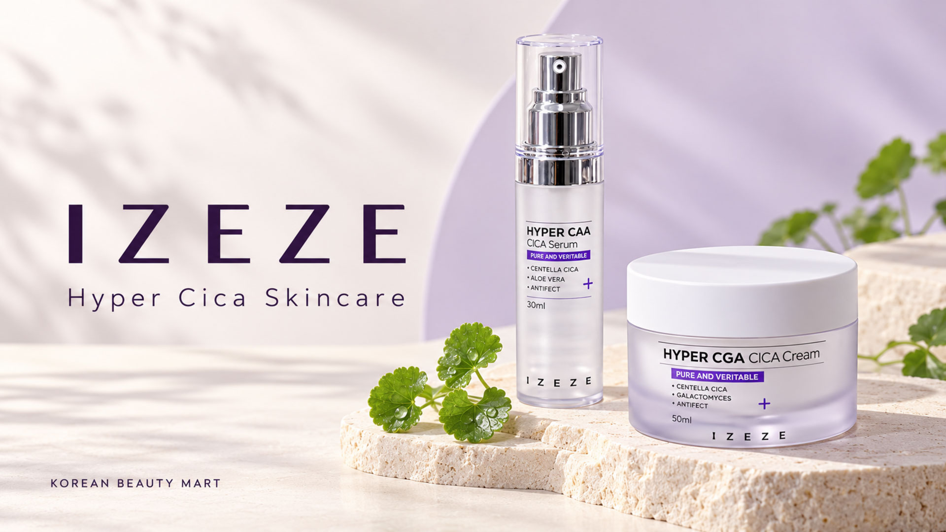 IZEZE Hyper CAA Cica Serum pump bottle and Hyper CGA Cica Cream jar on an ivory and pale-lilac backdrop.