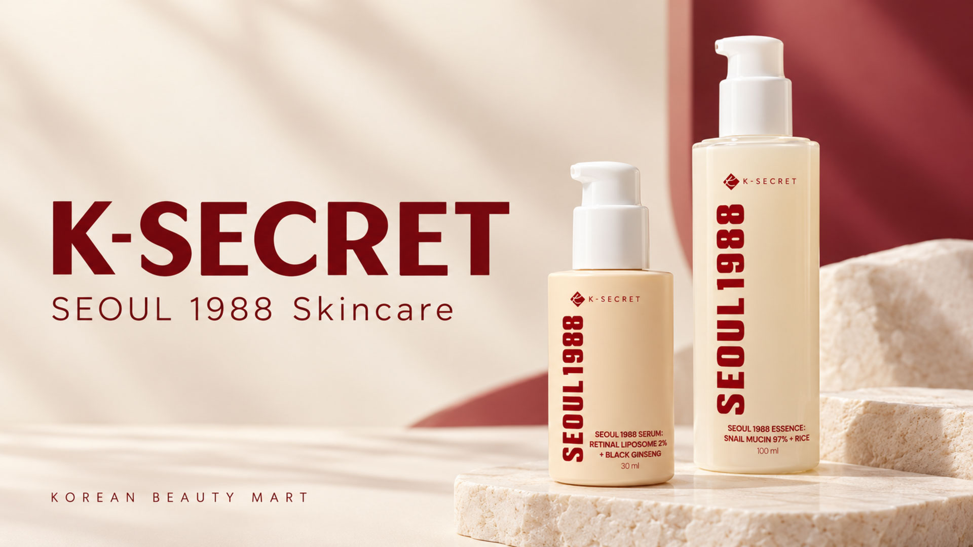 K-SECRET SEOUL 1988 retinal serum and snail essence in ivory bottles with white pumps and burgundy lettering on a warm ivory background.