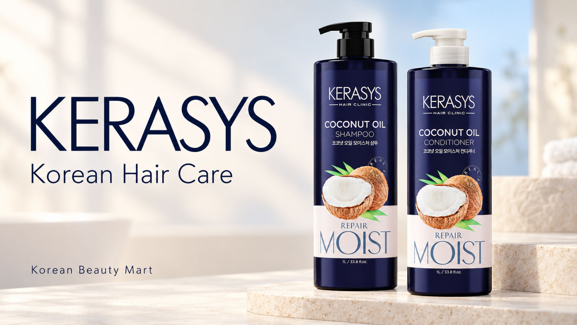 Kerasys Coconut Oil shampoo and conditioner in navy pump bottles on an ivory and pale-blue background for Korean Beauty Mart.