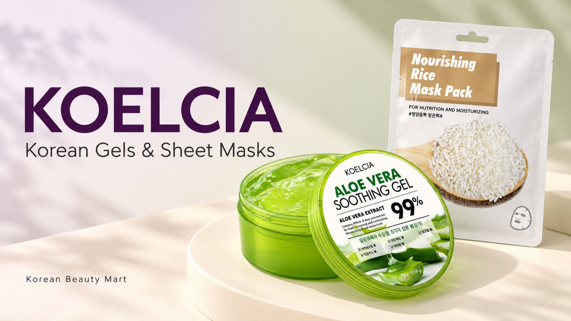 Koelcia Aloe Vera Soothing Gel in a green jar beside a Nourishing Rice Mask Pack on an ivory background for Korean Beauty Mart.