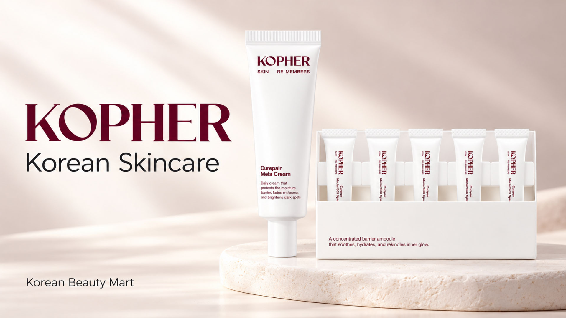 KOPHER Curepair Mela Cream tube and Melder SOS ampoule tray in white and burgundy packaging on an ivory background for Korean Beauty Mart.