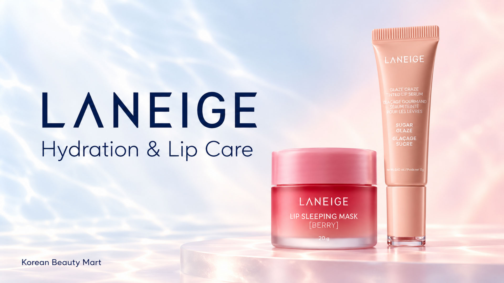LANEIGE Berry Lip Sleeping Mask jar and Sugar Glaze lip serum tube on an ivory, pale blue and blush studio background.