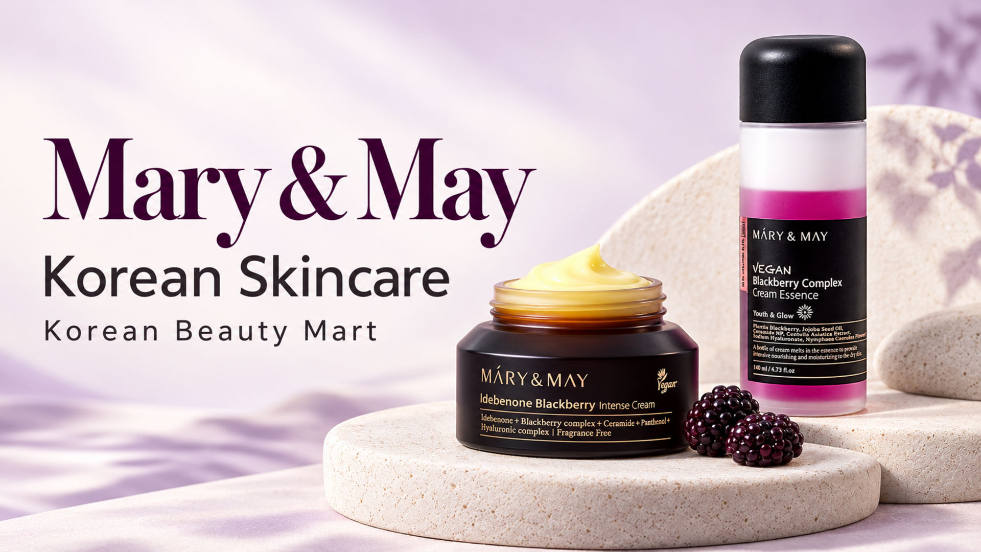 Mary & May Blackberry Cream Essence bottle and Idebenone Blackberry Cream jar on an ivory and lavender background.