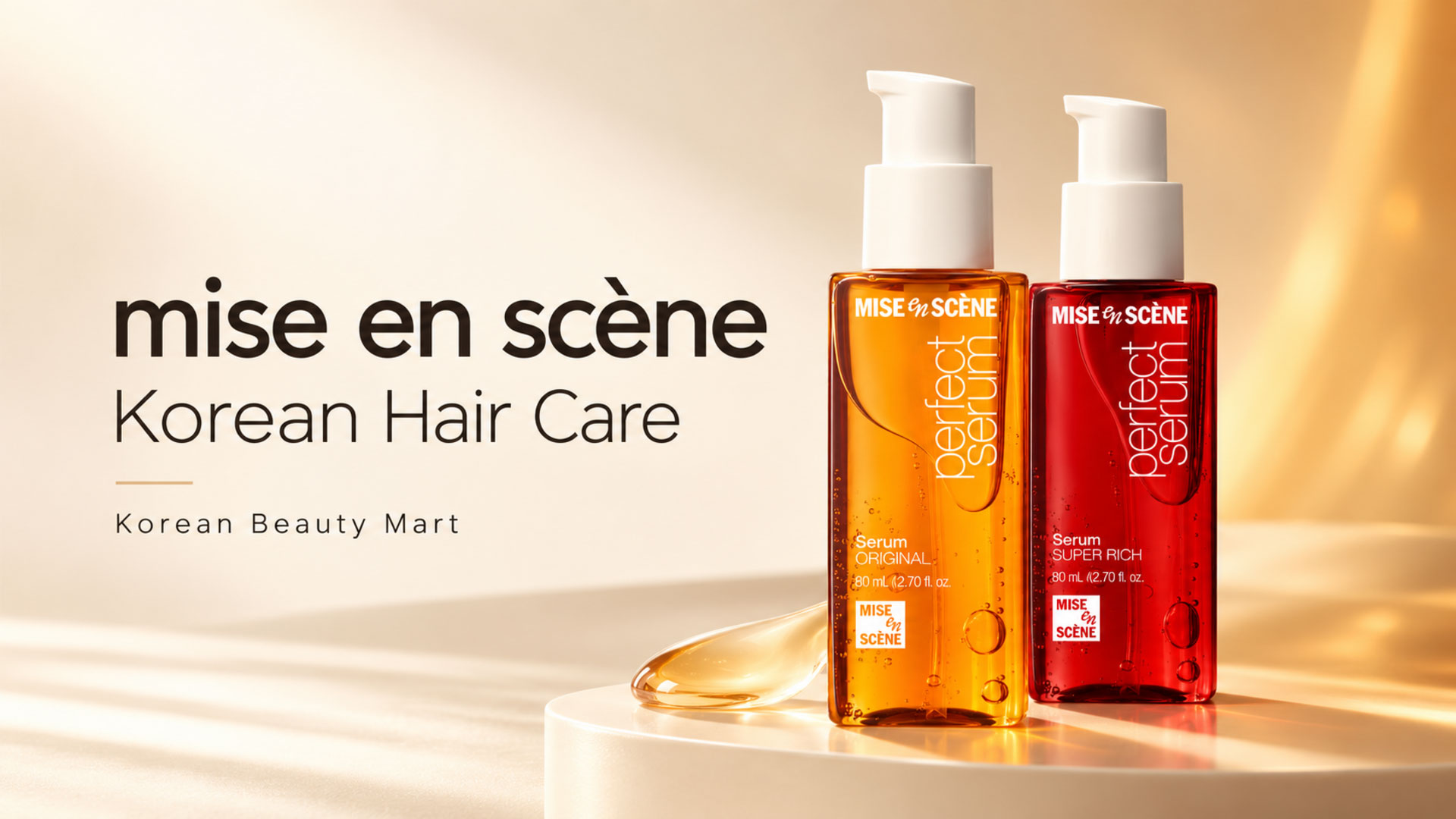 mise-en-scène Perfect Serum Original and Super Rich 80ml bottles with white pumps on a warm ivory and amber studio background.