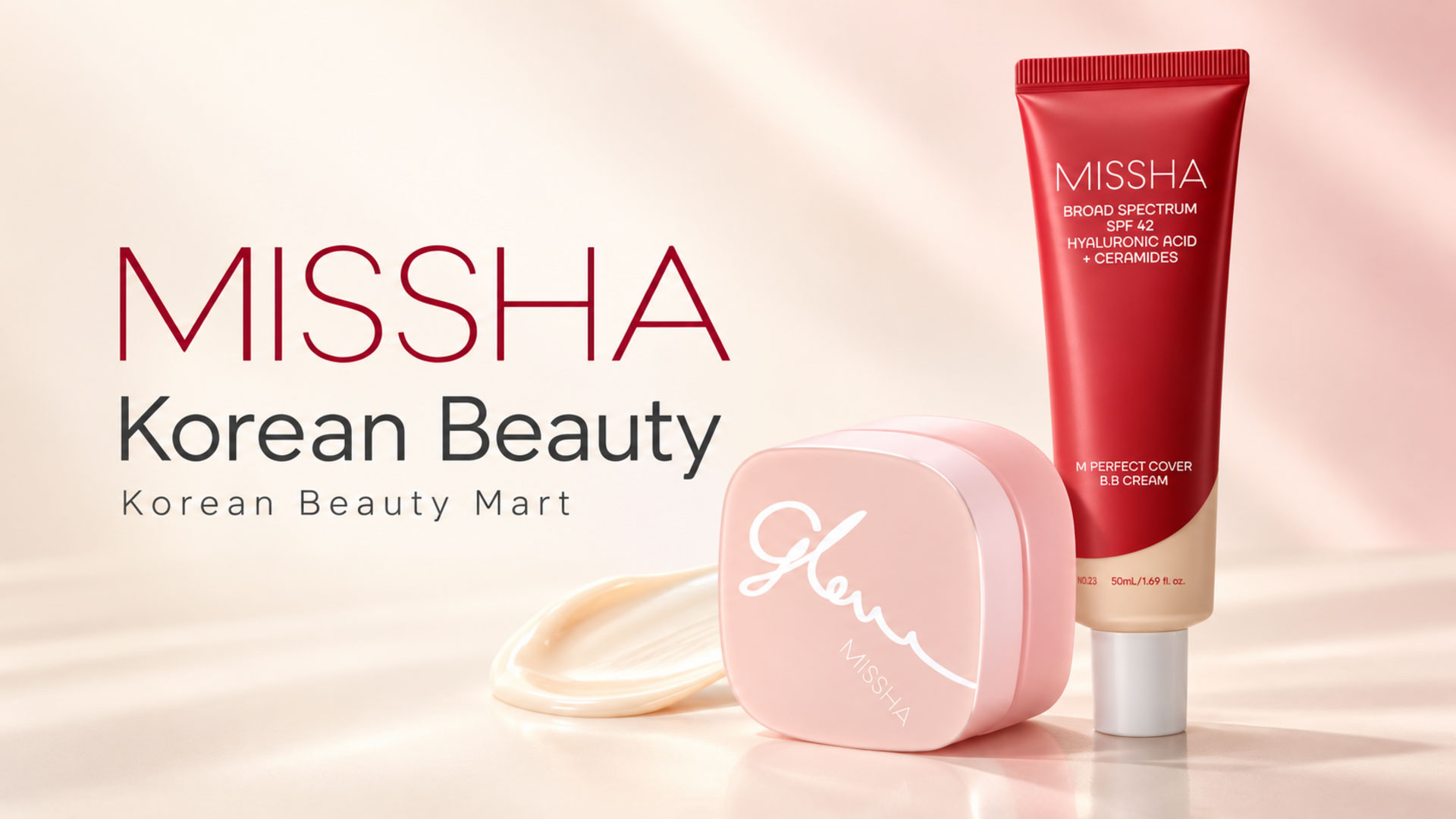 MISSHA M Perfect Cover BB Cream No.23 and a pink Glow Skin Balm jar on a warm ivory and blush studio background.