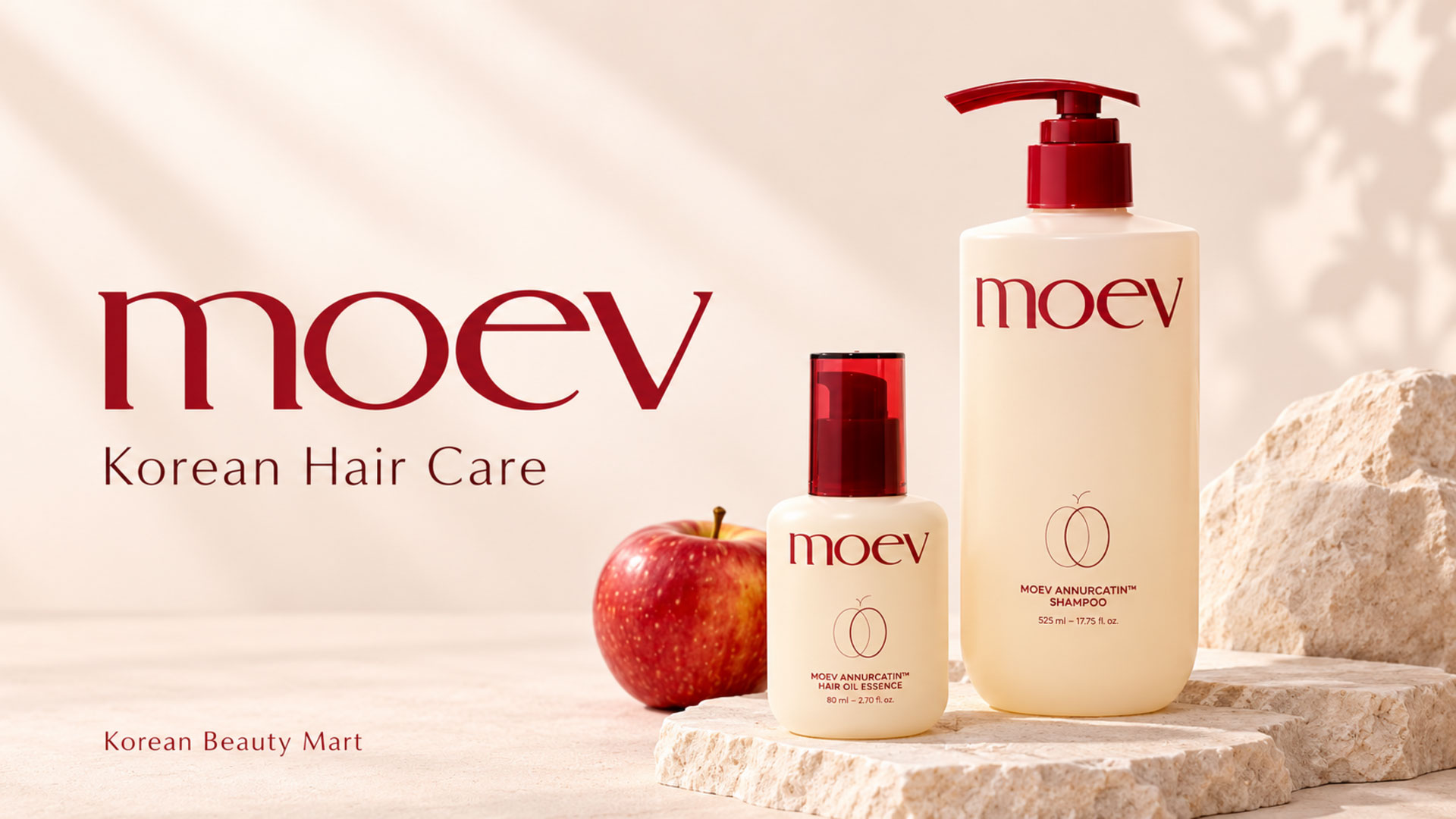 MOEV Annurcatin Shampoo 525 ml and Hair Oil Essence 80 ml in an ivory-and-red Korean Beauty Mart banner