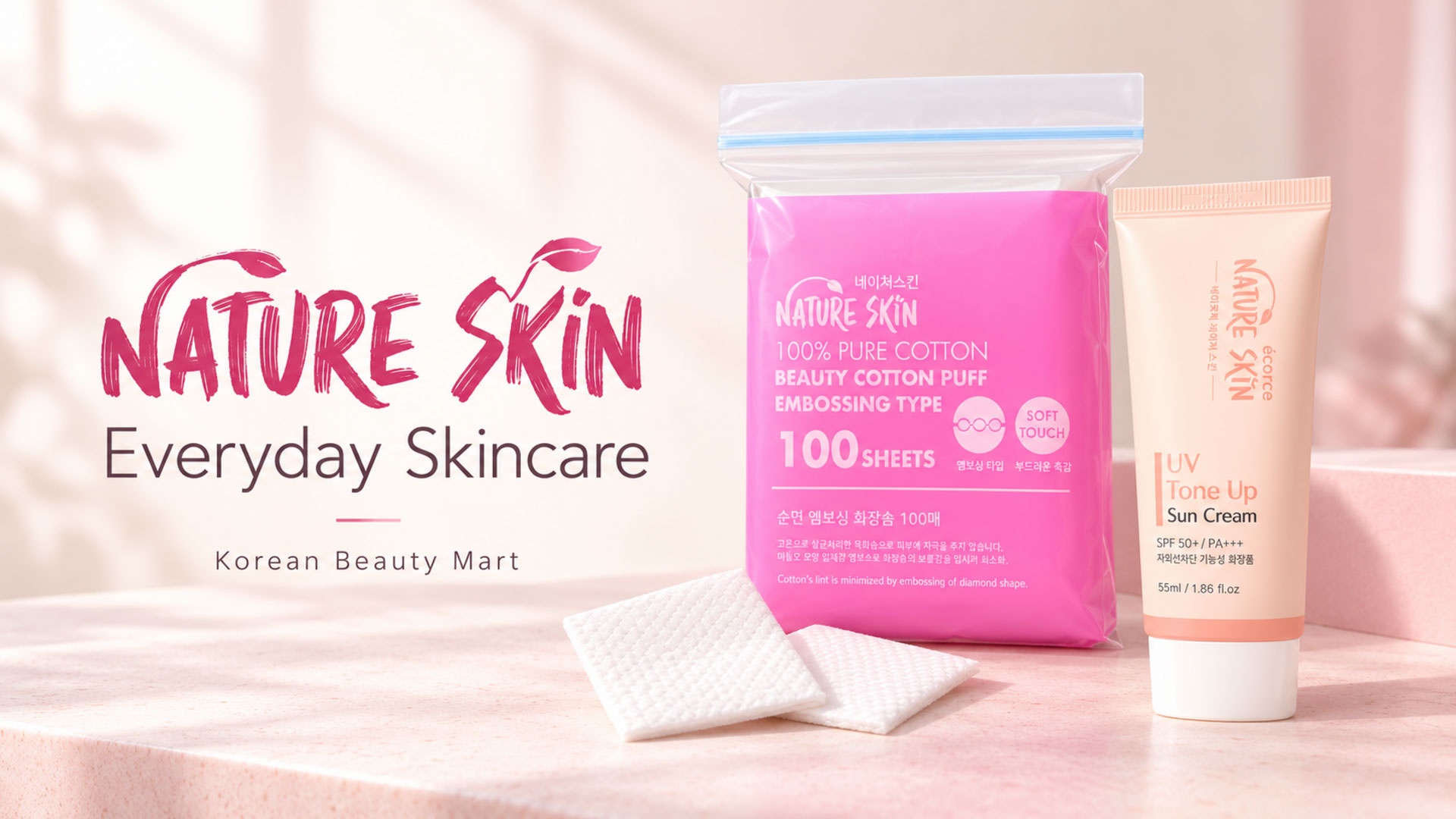 Nature Skin UV Tone Up Sun Cream 55 ml and pink 100-sheet cotton puff pack with Korean Beauty Mart branding