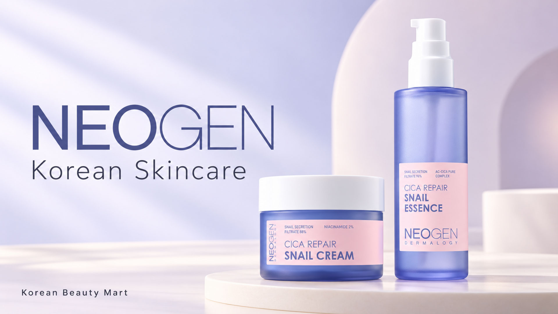 Neogen Cica Repair Snail Essence pump bottle and Snail Cream jar on an ivory and lavender background for Korean Beauty Mart.
