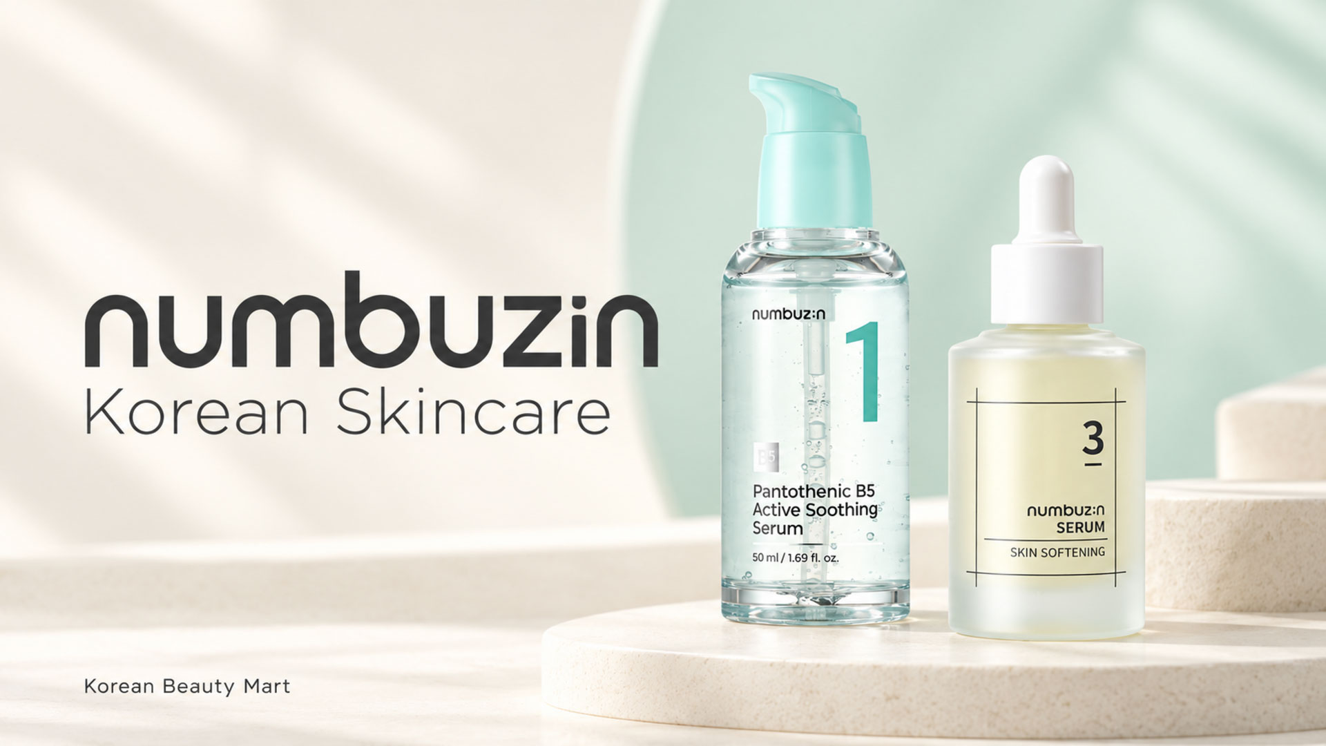 numbuzin No.1 B5 Active Soothing Serum and No.3 Skin Softening Serum displayed on an ivory and mint background for Korean Beauty Mart.
